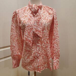 Vintage 70s Laura Mae Shirt Secretary Bow Neck Button Down Sz M Red White